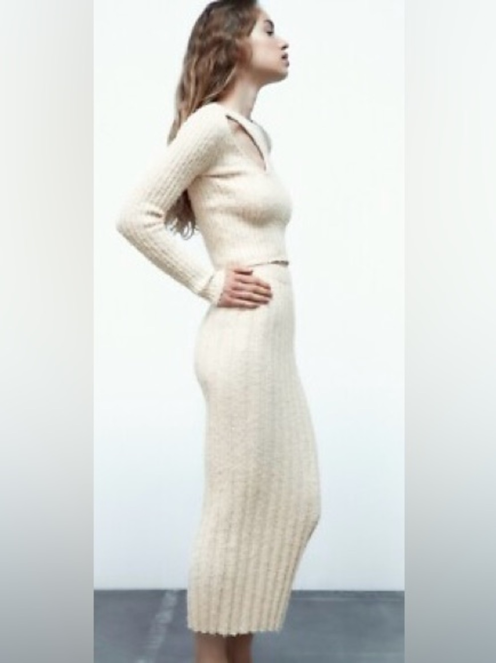 ZARA Minimalist Cream Ribbed Knit Midi Skirt & Cutout Sweater Set Clean Girl M